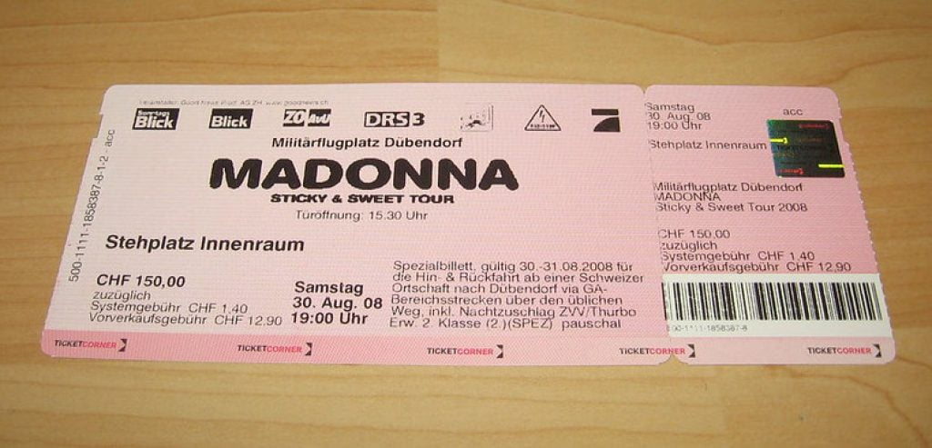 Madonna concert ticket vroeger